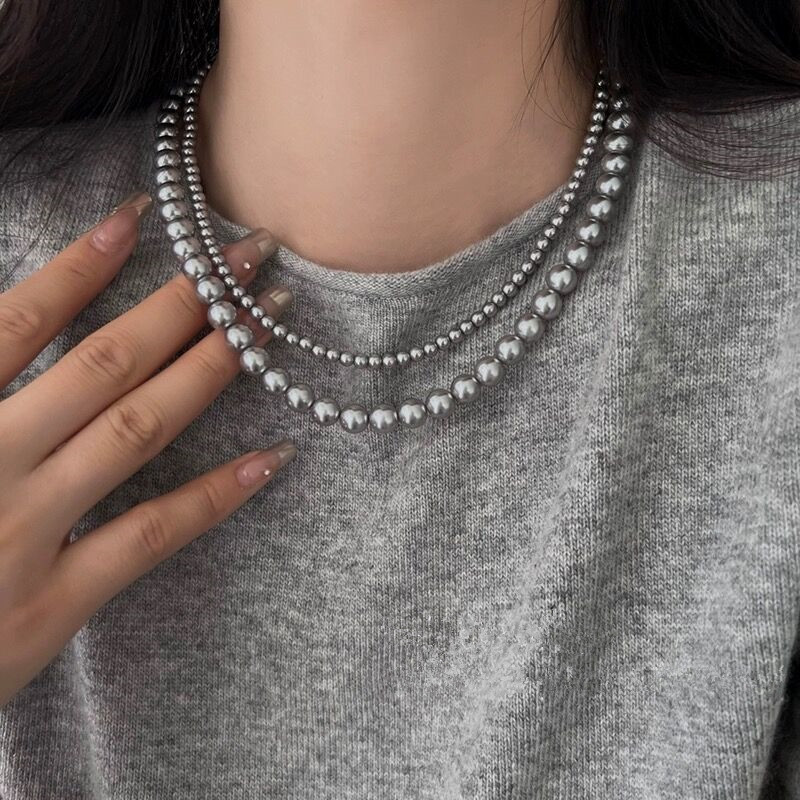 Vintage Necklace Gray Shijia Pearl Necklace High-Grade Temperament Wild Sweater Chain Light Luxury Minority Necklace Jewelry