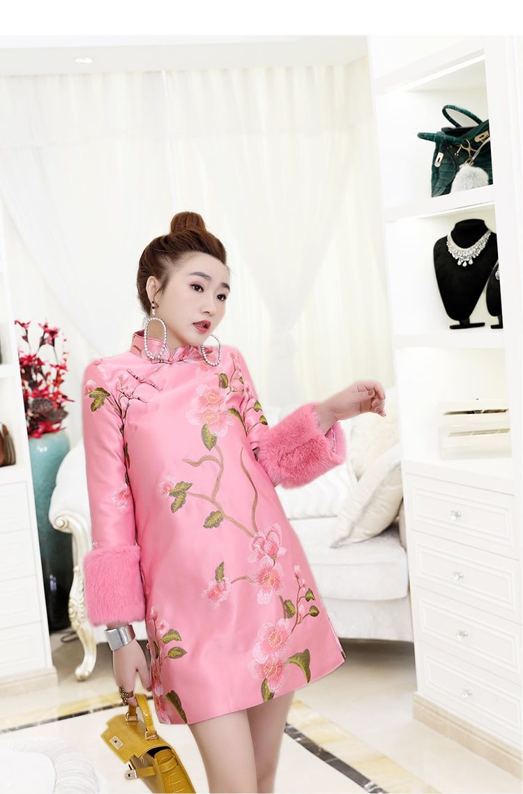 冬季新款女装改良时尚粉红色加厚夹棉衣服保暖长袖旗袍连衣裙小袄