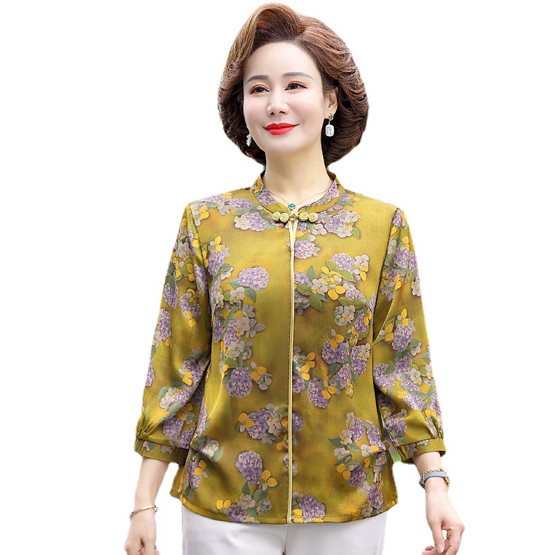 Middle-Aged Mom Spring Wear Artificial Silk Top Spring and Summer Mid-Sleeve T-shirt Middle-Aged and Elderly Women's Summer Youthful Undershirt New