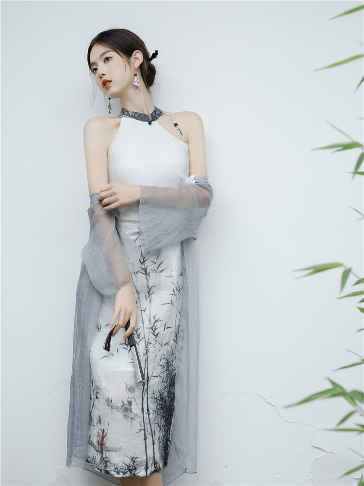 实拍 复古新中式水墨印花削肩旗袍 防晒开衫-阿里巴巴