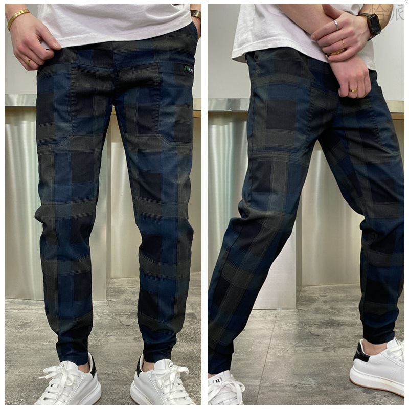 格子休闲裤男士百搭显瘦小脚裤2024年夏季新款松紧腰裤子六兜薄款