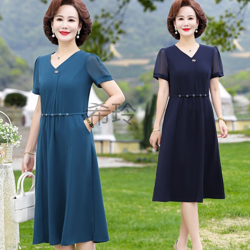 xl高级妈妈真丝短袖连衣裙女装夏季新款阔太太洋气中老年桑蚕丝裙