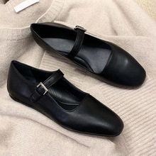 鞋子女新款2023韩版方头黑色一字扣带平底单鞋女玛丽珍鞋
