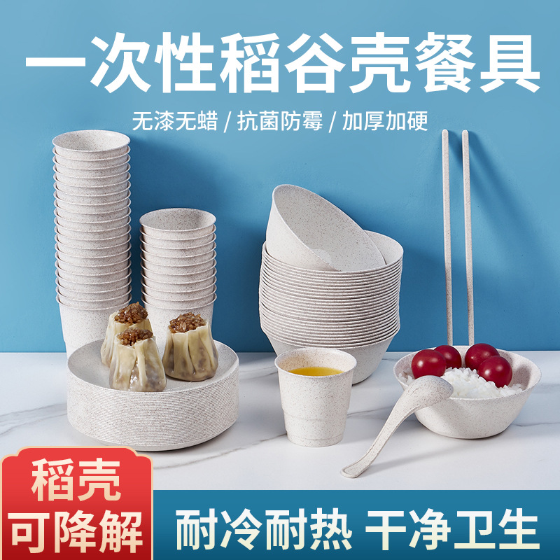 稻壳餐具新款一次性碗筷套装加厚可降解四件套酒席家用亚马逊代发