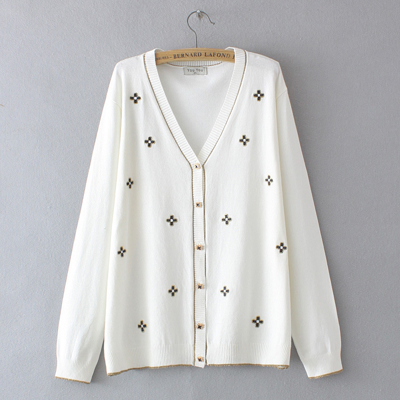 大码女装胖女孩显瘦减龄绣花针织外套秋季百搭休闲毛衣开衫421087