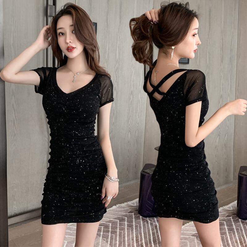 出笛性感夜店女装显胸大v领连衣裙时尚新款闪闪亮修身显瘦包臀小