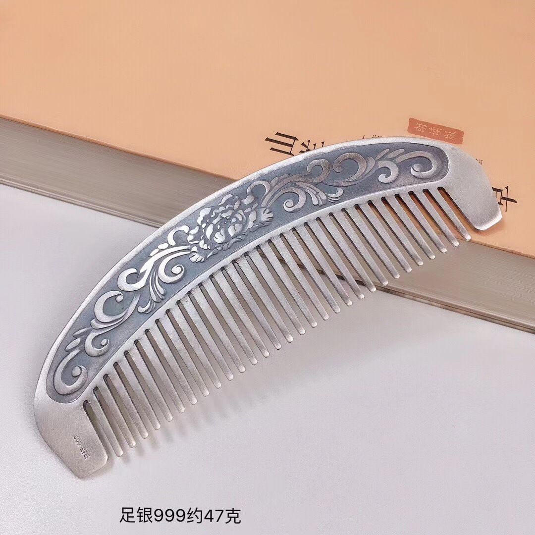 老凤祥和纯银梳子足银999手工发梳云南雪花银梳子保健刮痧送母亲