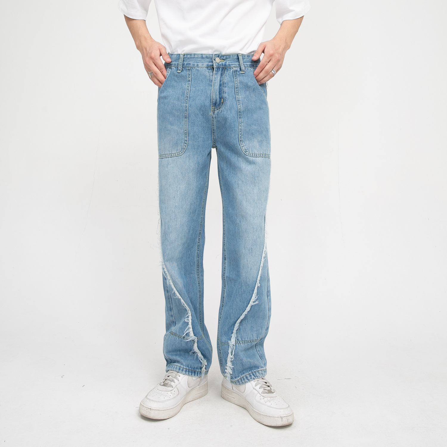 nirben  黑灰拼接毛须设计感牛仔裤韩版直筒显瘦宽松阔腿长裤男潮