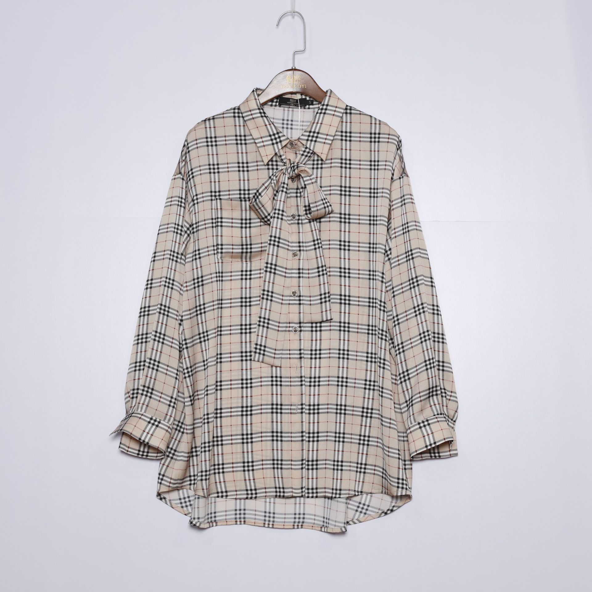 格子衬衫春夏新款长袖 韩版休闲撞色上衣女 外套格子蝴蝶结衬衫