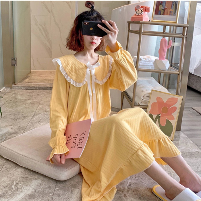 Long Sleeve Nightdress for Women over the Knee Ins Style Pajamas for Women Spring and Autumn Fairy Court Doll Collar Princess Style Home Wear for Women
