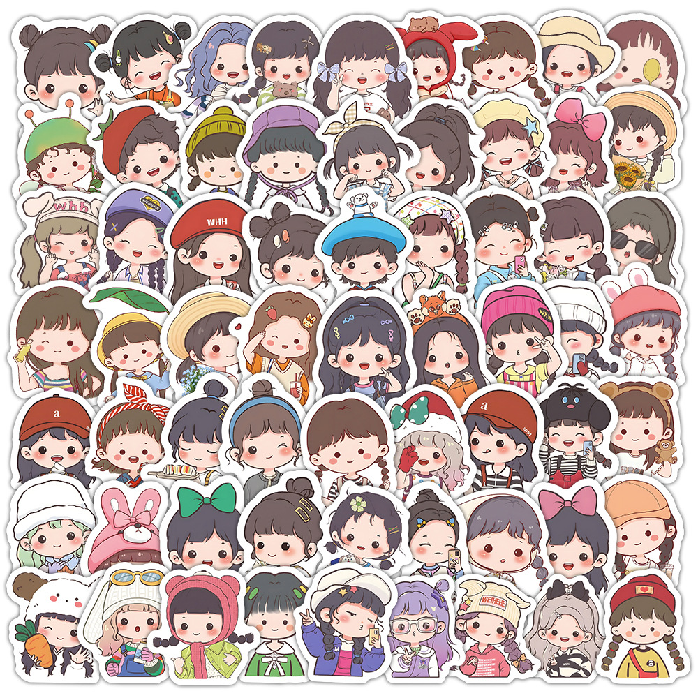 102张 新款q版可爱女孩贴纸卡通手绘创意桌面装饰diy手机壳行李箱