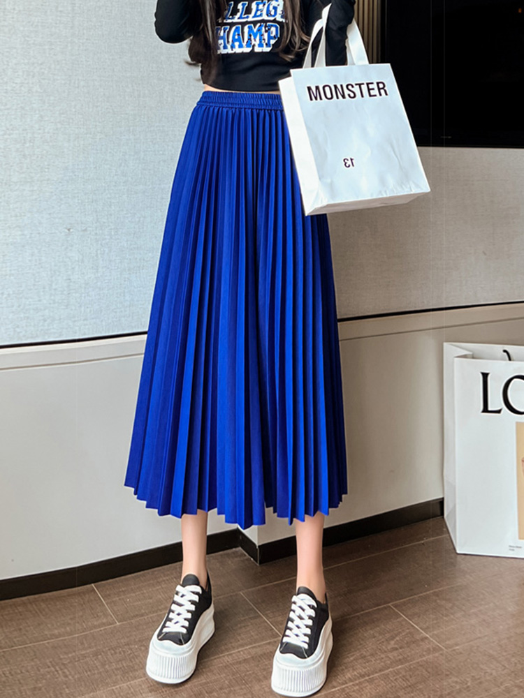春夏新款克莱因蓝百褶裙子中长款高腰字半身裙女大摆风琴裙