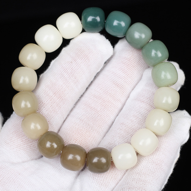 Gradient Greenery Leather White Jade Bodhi Root Bracelet Bodhi Seed Handheld Men and Women Pliable Temperament Hand Toy Buddha Beads Collectables-Autograph Bracelet