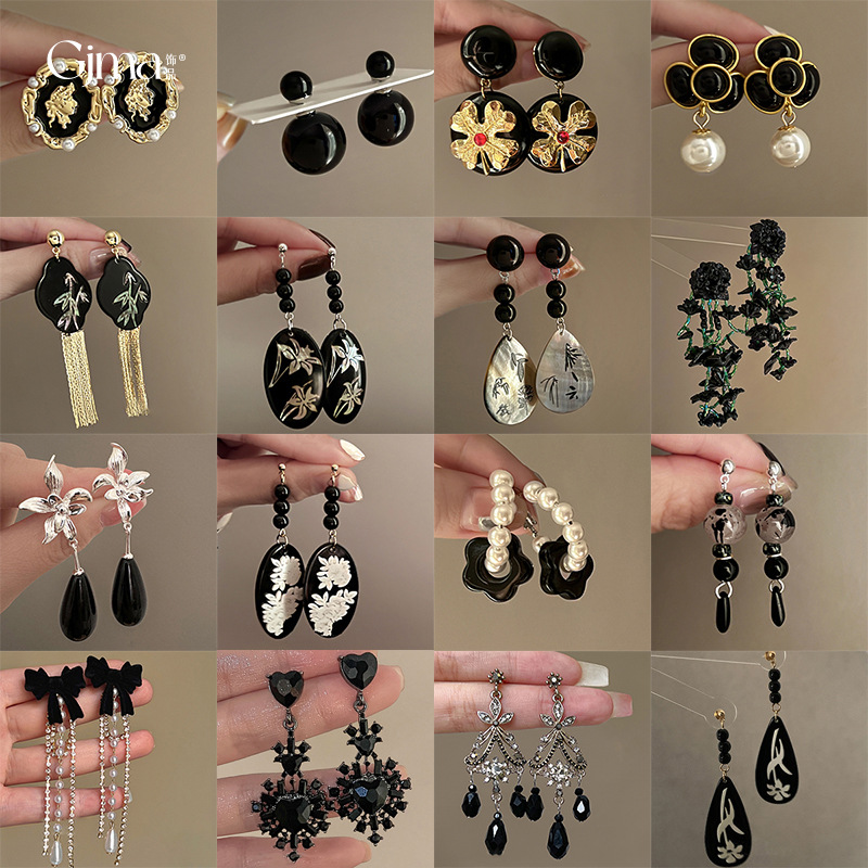 Silver Needle New Chinese Style Black Bamboo Flower Pearl Tassel Earrings Elegant All-Match Earrings High-Grade Earrings for Women