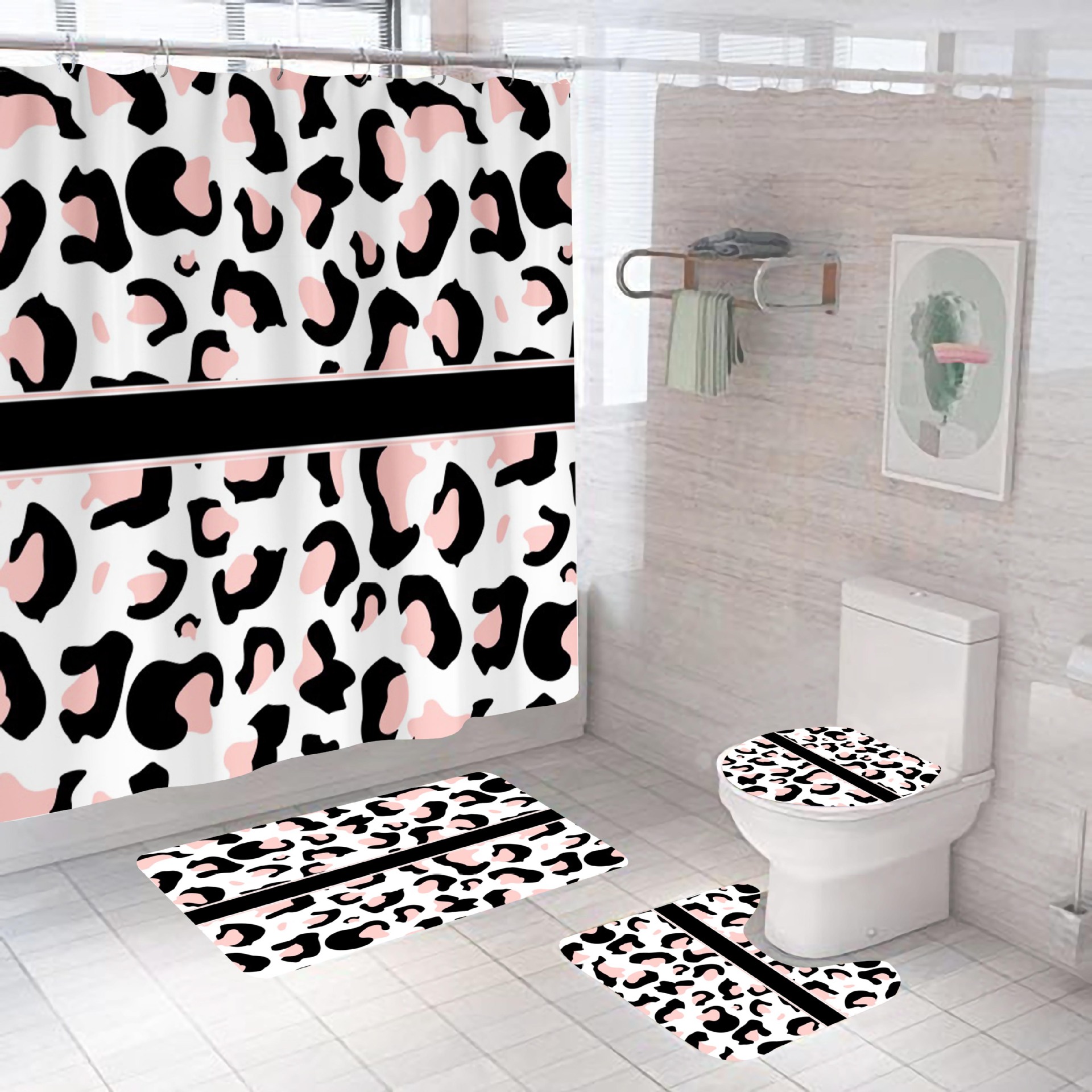 Amazon New Leopard Stripe Series Waterproof Polyester Shower Curtain Four-Piece Set Shower Curtain Sets