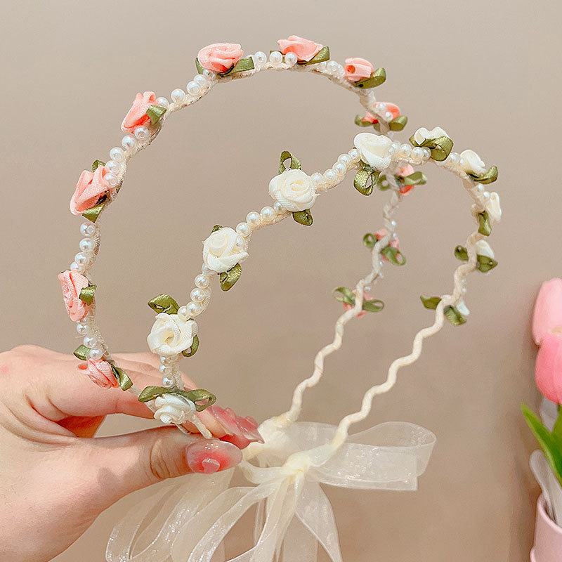 Children's Headband Princess Style Fairy Pearl Rose Headband Girls Bow Braided Hair Band Non-Slip Hair Pressing Hairpin