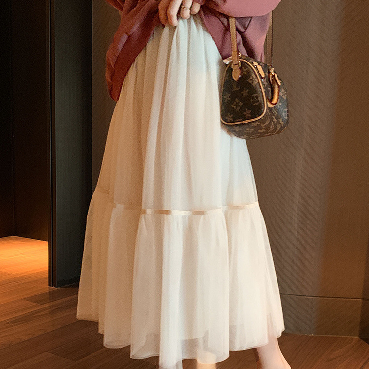 白色纱裙女半身裙春夏装新款网纱高腰长裙子蛋糕百褶裙中长款超仙