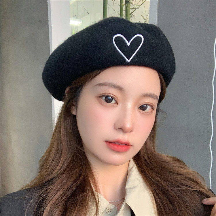 2021 Star Song Qian Same Product Love Embroidered Wool Beret Women's Autumn and Winter Korean Style Simple All-Matching Painter Hat