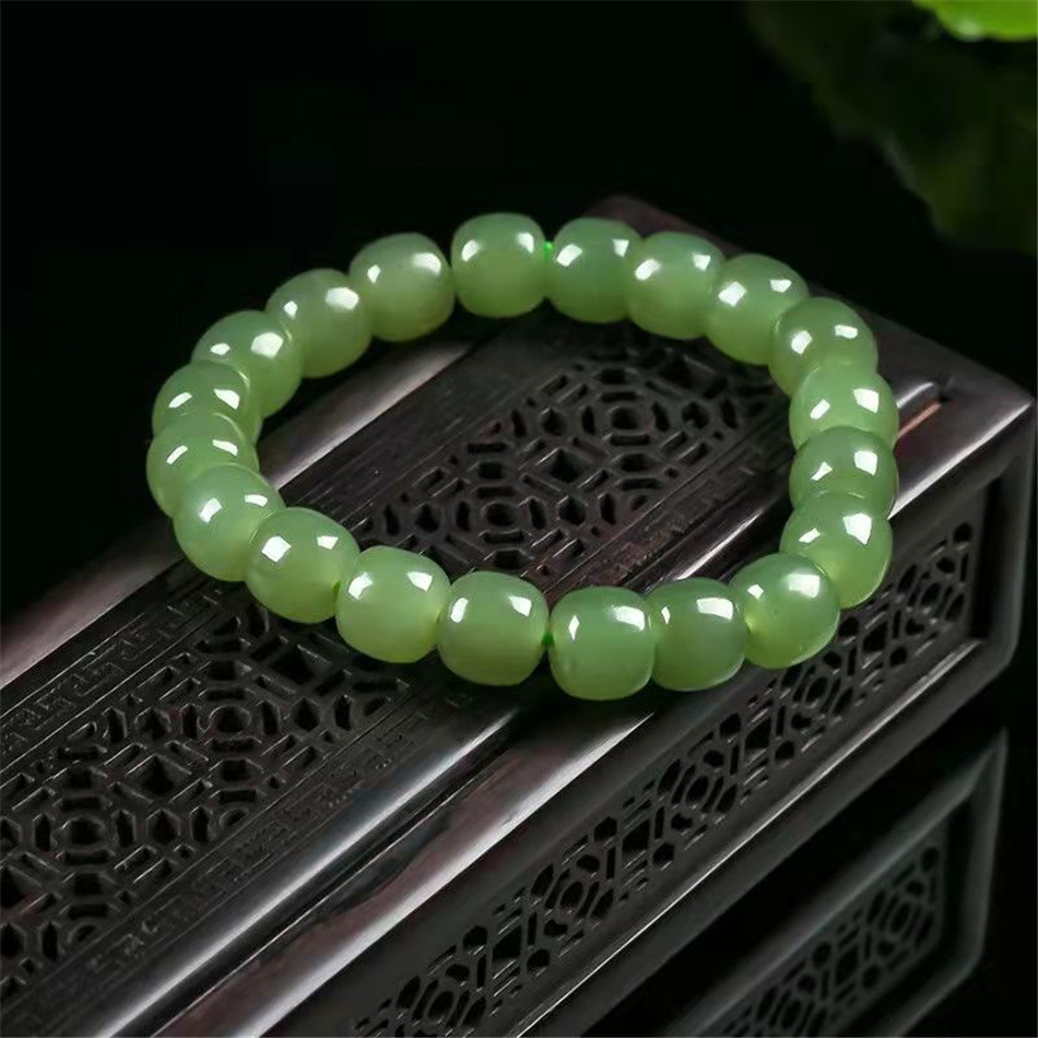 仿和田玉浅绿碧玉款老形珠白玉圆佛珠手串男女情侣玉石手链
