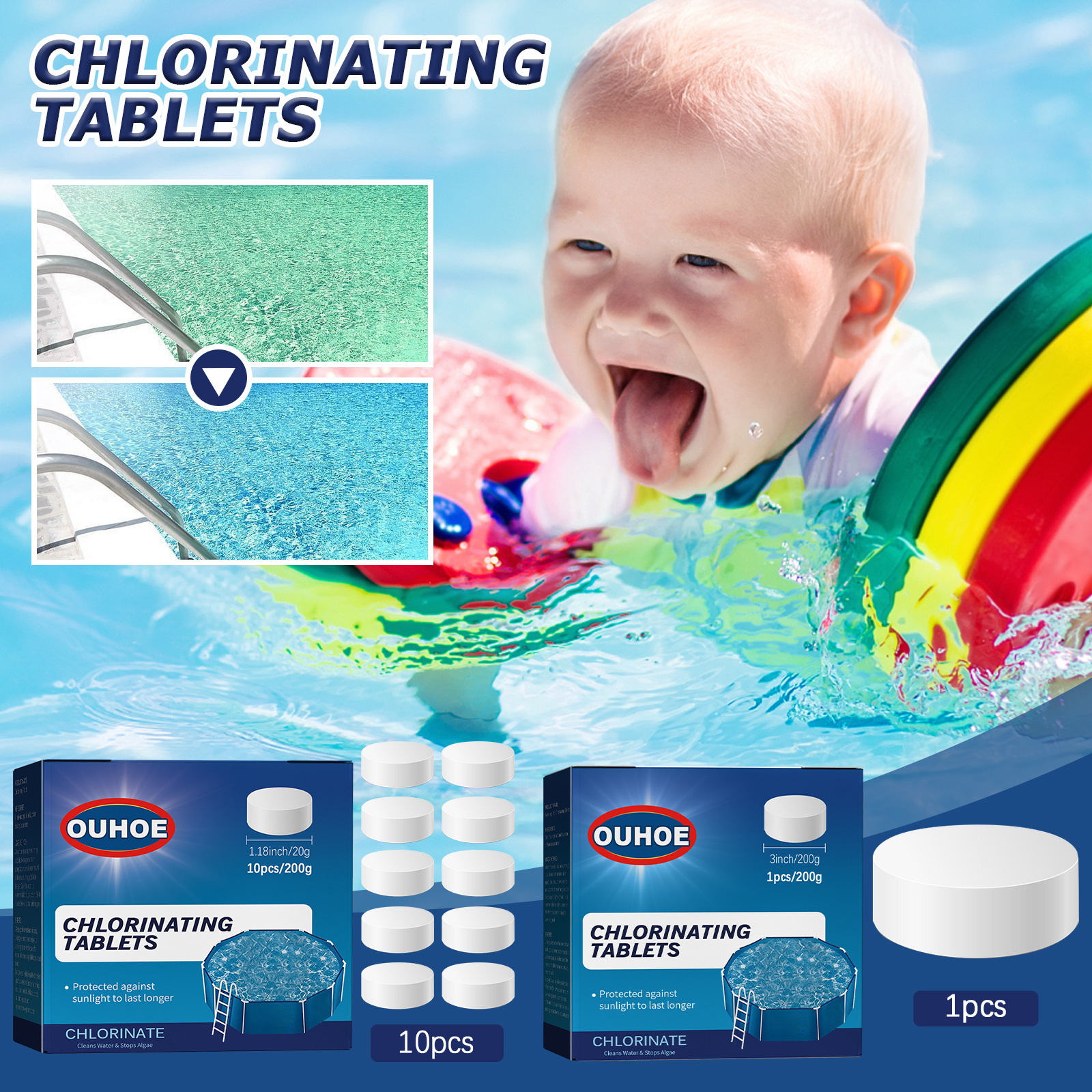 Ouhoe Swimming Pool Chloride Tablets Swimming Pool Water Quality Clarification Decontamination Deodorant Multi-Purpose Cleaning Effervescent Chlorine Tablets