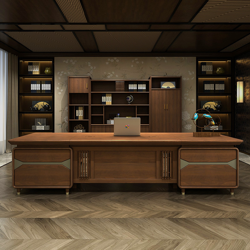高档新中式老板桌大班台简约板木结合总裁台总经理董事长办公桌椅