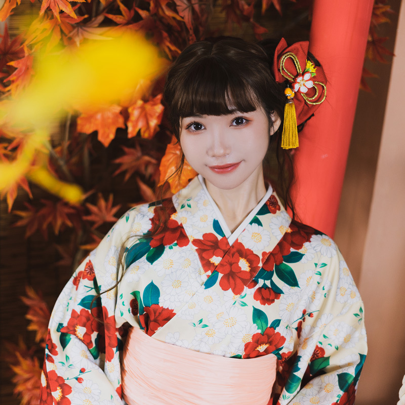 日本和服女 日式和风传统改良便穿版小纹和服山茶花柄厚料不易皱