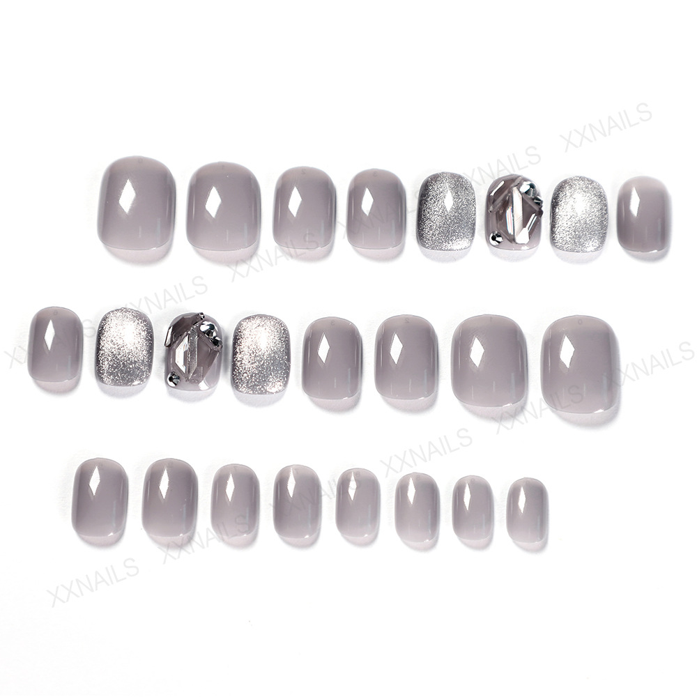 网红同款光疗晶石猫眼透灰镶钻假指甲成品美甲贴片穿戴甲甲片24片