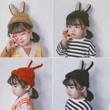 秋南 秋冬毛线帽手工编织男女童儿童加厚针织帽可爱卡通兔 护耳帽