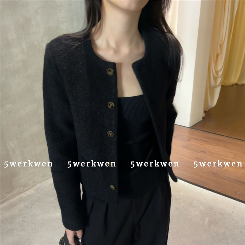 黑色粗花呢小香风圆领短外套2024秋冬新款宽松高级法式气质短上衣