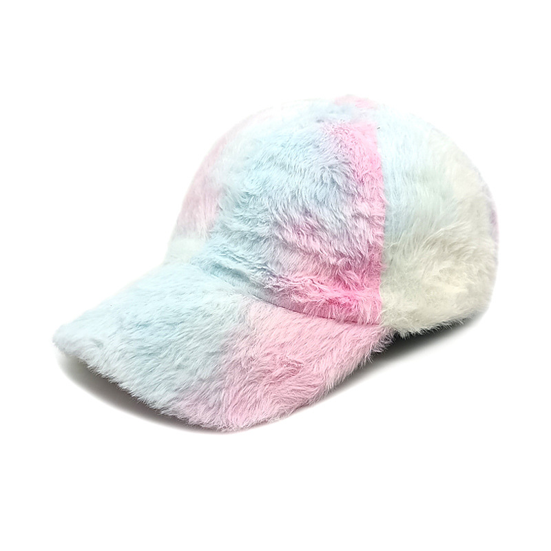 Winter New Tie-Dyed Baseball Cap Trend All-Match Plush Beanie Hat Rainbow Gradient Color Imitation Rabbit Fur Female Peaked Cap