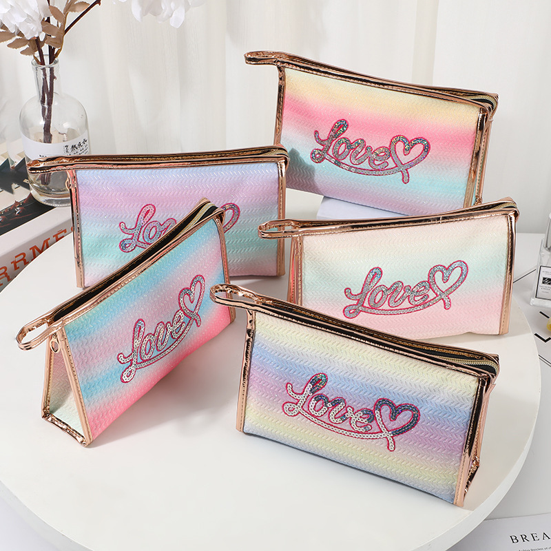 New Embroidery Sequined Love Cosmetic Bag Colorful Large-Capacity Cosmetics Storage Bag Portable out Zipper Bag