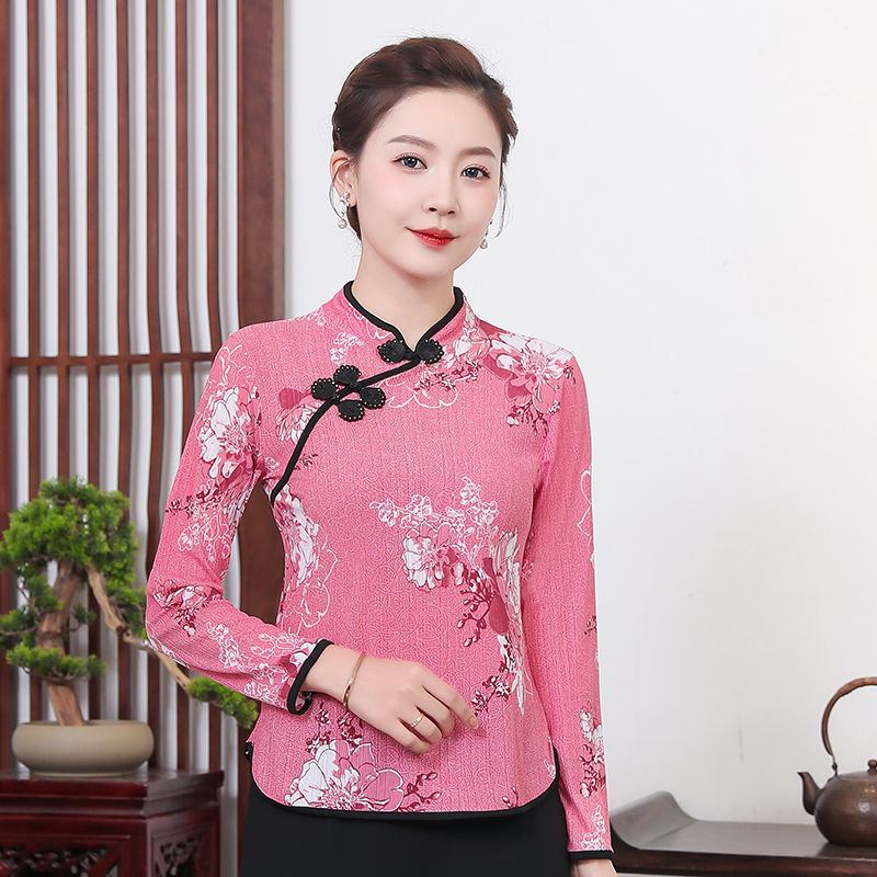 yxbb旗袍上衣妈妈装春季短款大码印花中老年打底衫长袖薄款t恤衫