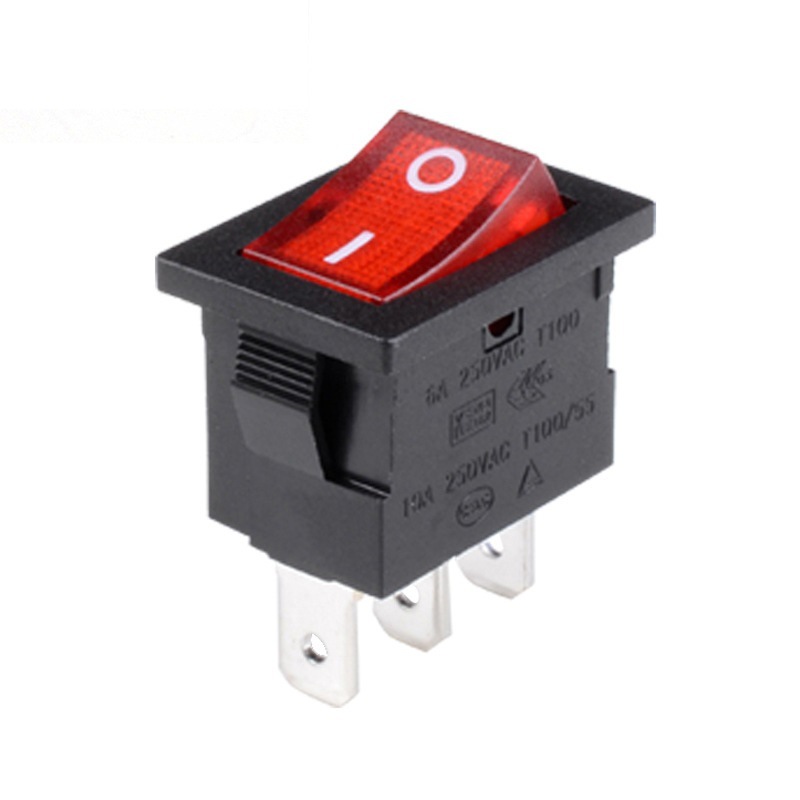 船型翘板按压开关kcd1三脚三档两档三孔脚带红绿蓝灯黑白胶外壳