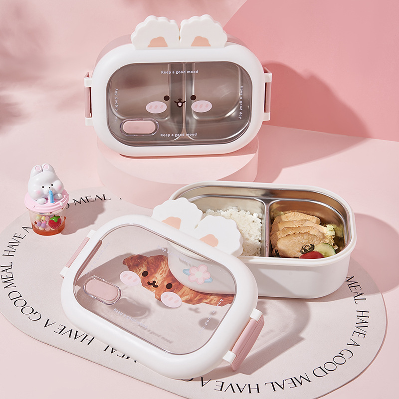 cute rabbit stainless steel lunch box creative compartment student lunch box water injection heating portable lunch box with lid