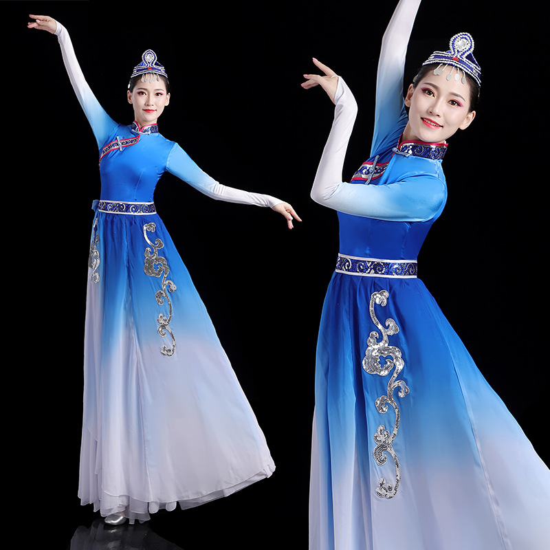 新款蒙古服装女鸿雁舞蹈服蓝色的风民族舞艺考练习演出服大摆长裙