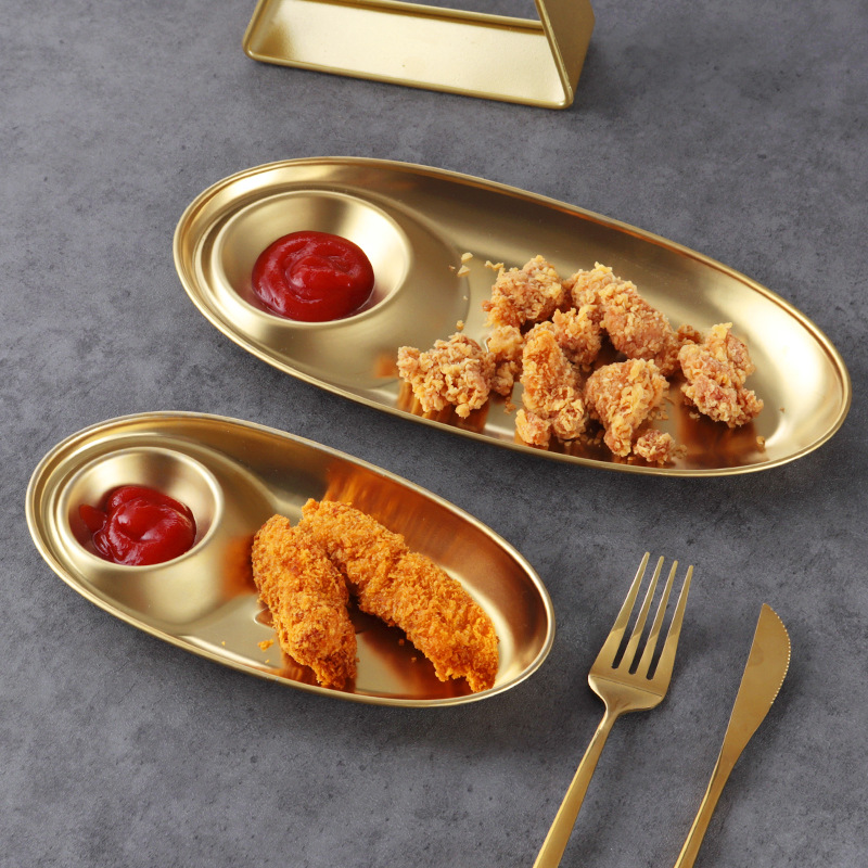 Hz473 Korean 304 Stainless Steel Snack Plate Compartment Tray Oval Dumpling Plate Gold Dipping Plate French Fries Dish