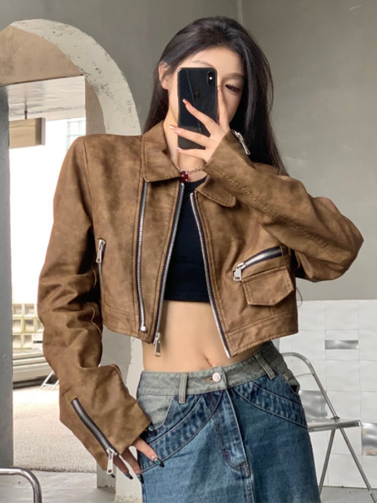 复古美拉德棕色皮衣短外套女2024新款美式百搭设计感机车夹克上衣