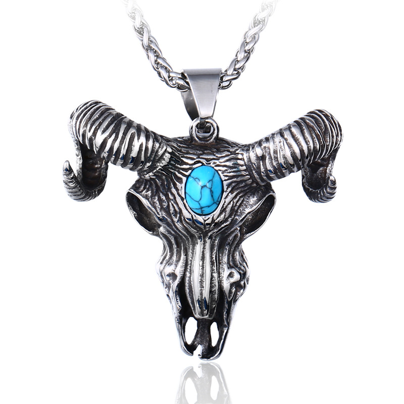 钢铁战士男士不锈钢饰品批发 骷髅牛头镶绿松石吊坠 创意钛钢挂件
