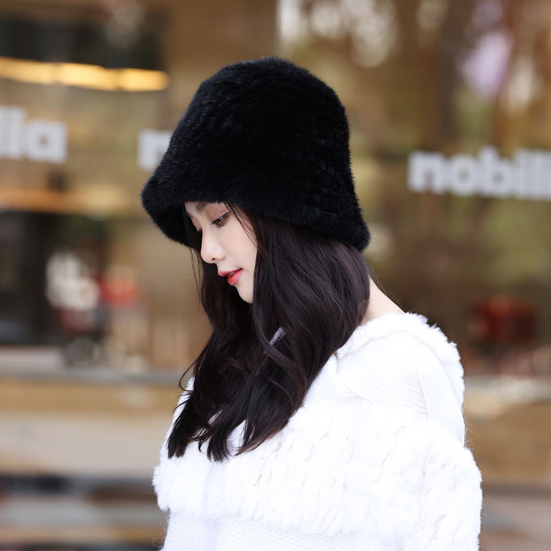 貂毛渔夫帽女保暖毛线显脸小韩版百搭复古水貂绒皮草貂皮帽子女冬