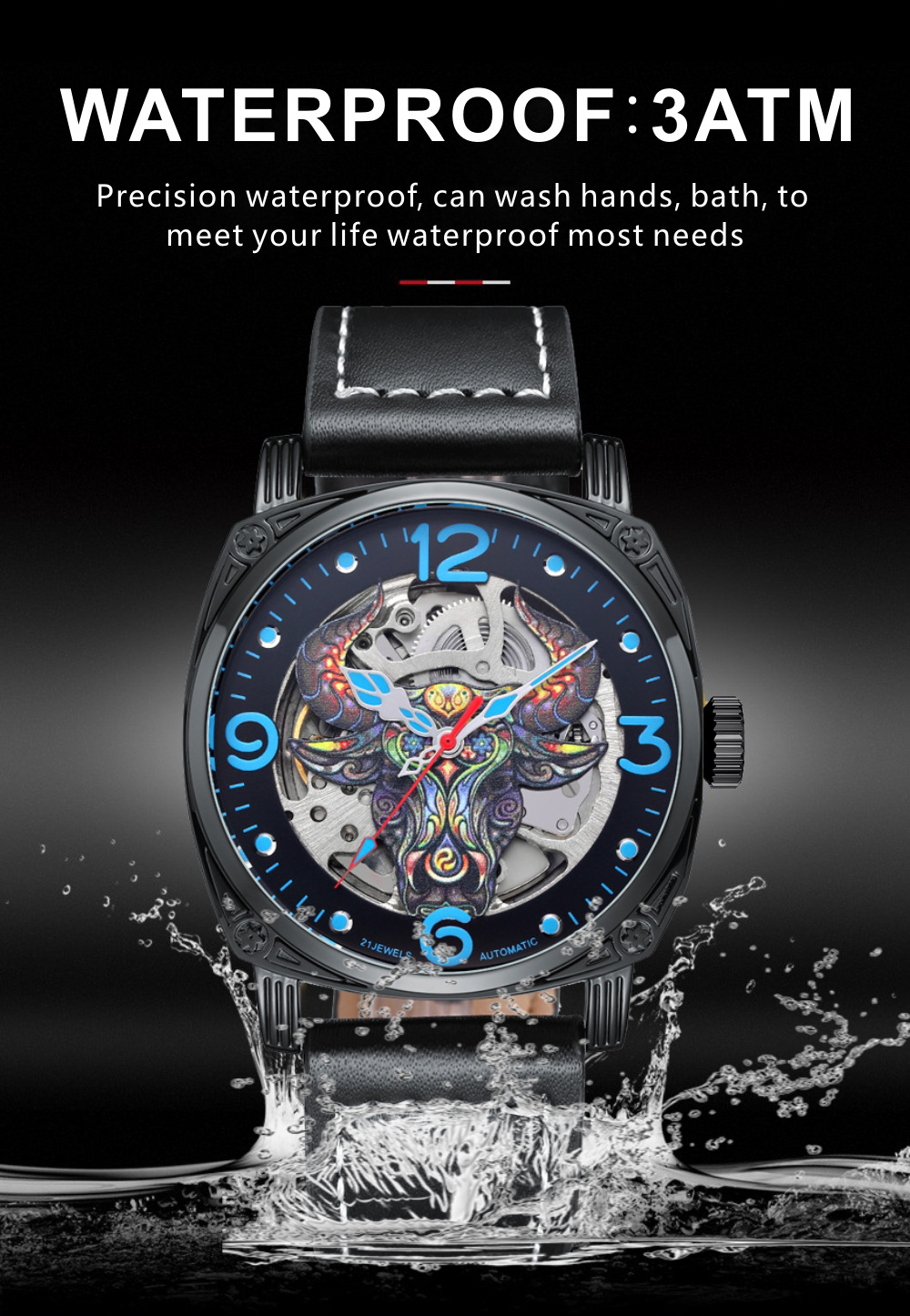 赛娜斯senors新款牛气冲天时尚个性镂空机械男士皮带腕表sn316