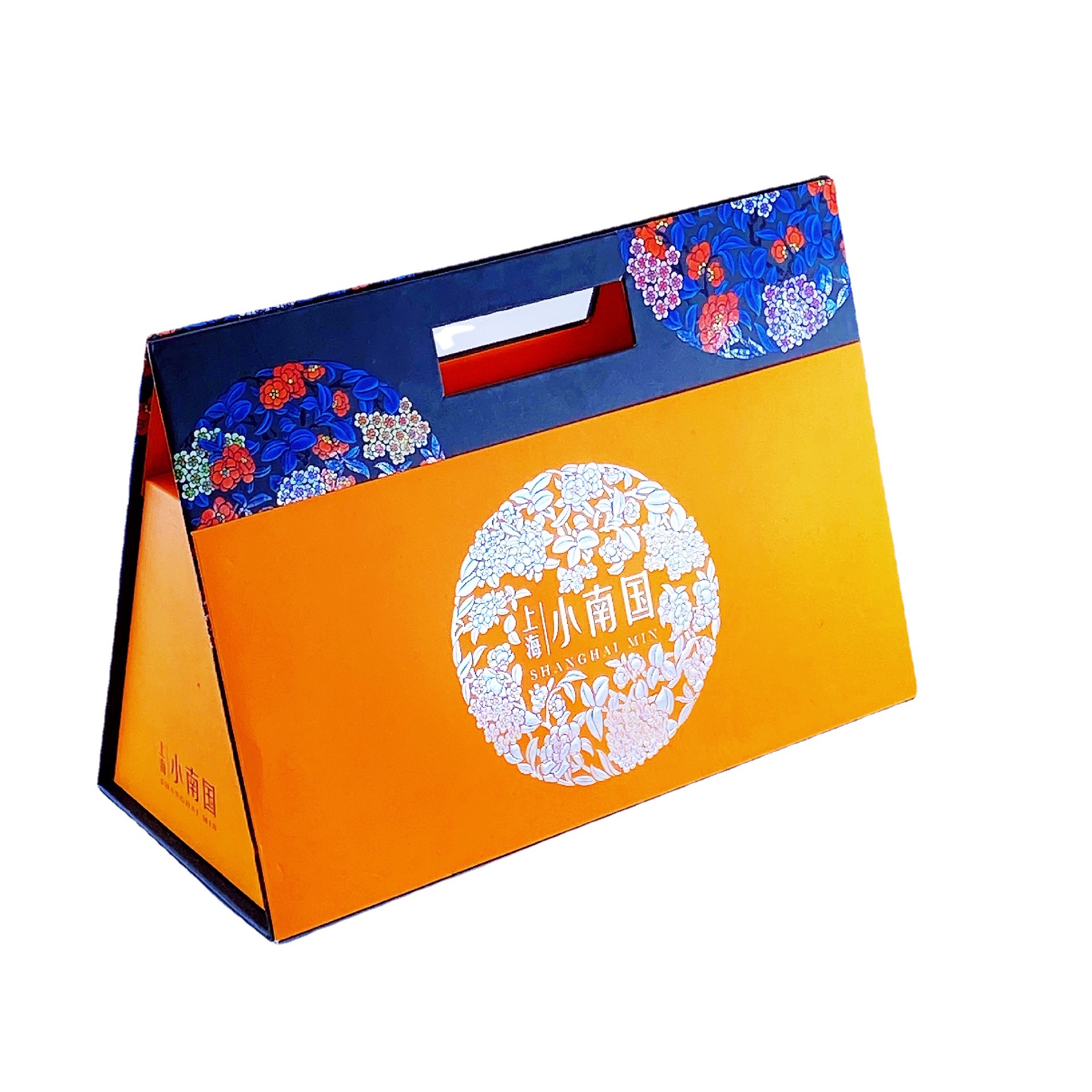 工厂定制橙色三角形手提双面烫金激凸中秋月饼糕点食品包装礼品盒