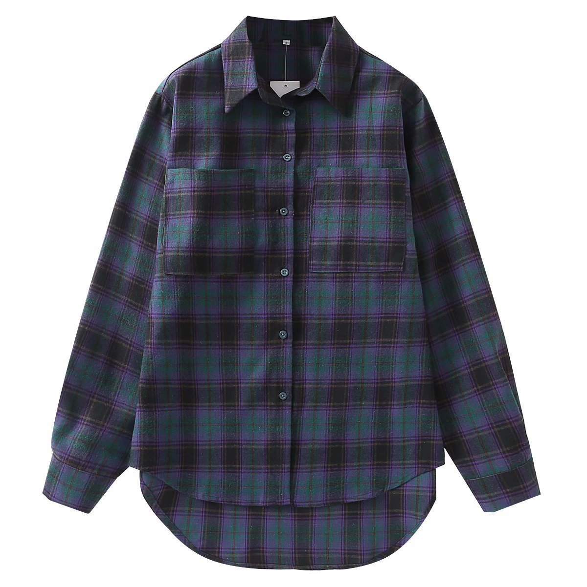 双口袋长袖格子衬衫