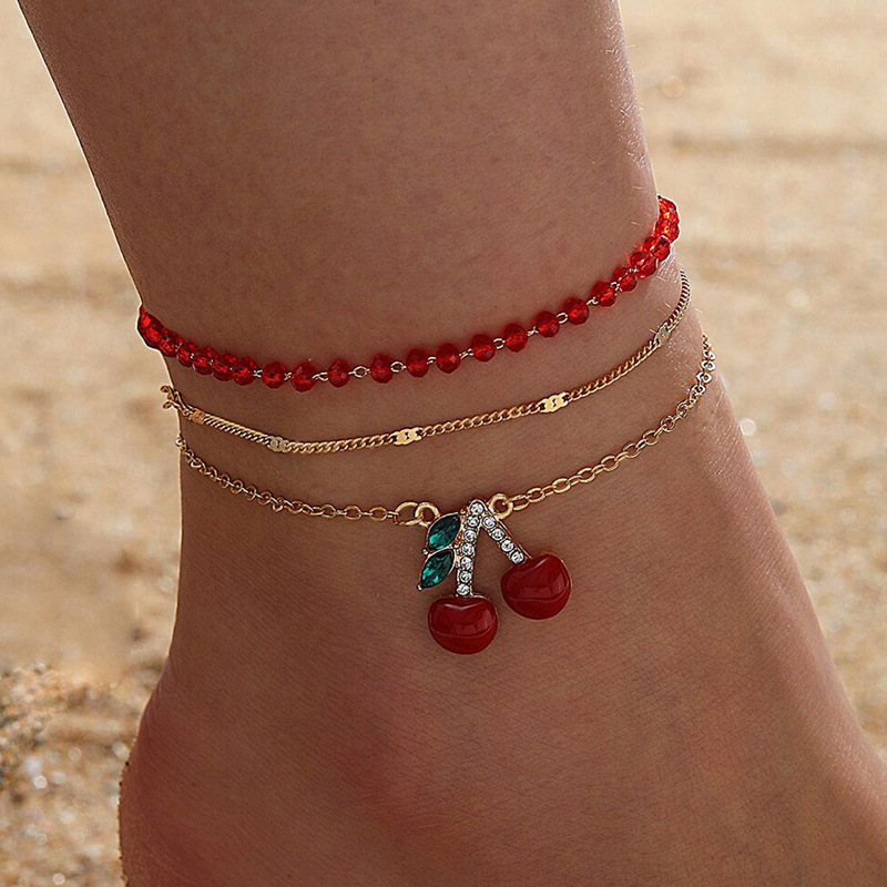 Europe and America Cross Border Red Rice-Shaped Beads Stringed Beads Multi-Layer Foot Ornaments Diamond Cherry Cherry Anklet Three-Piece Suit