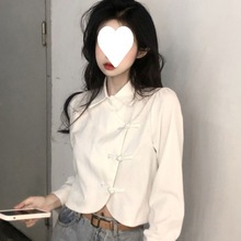中国风盘扣短款长袖衬衫女春秋白色法式衬衣设计感新中式上衣