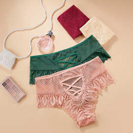 大码性感蕾丝内裤女 交叉带镂空诱惑透气三角裤高腰收腹包臀底裤