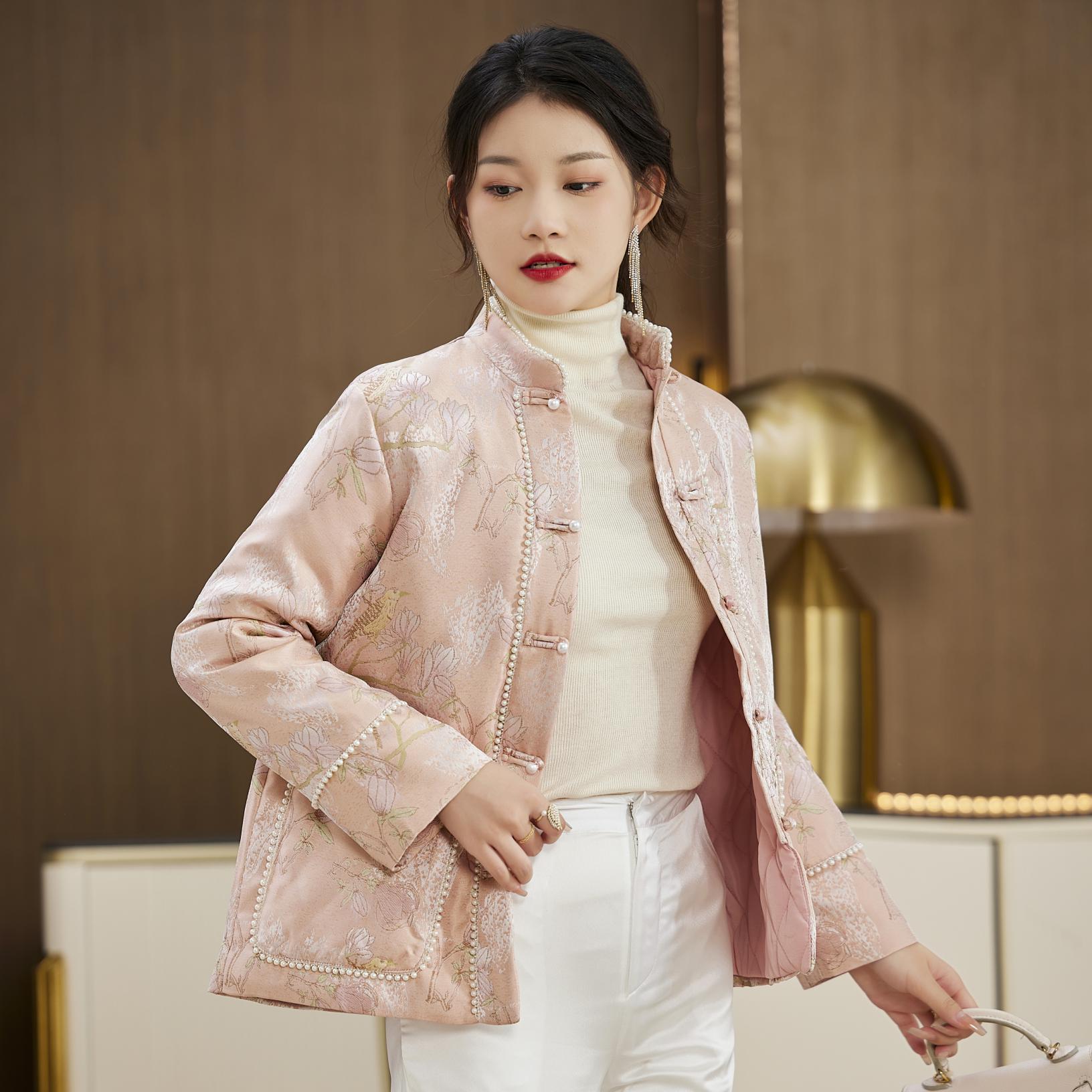 唐装女冬季款时尚新中式喜上眉梢织锦缎提花拼珍珠轻奢小棉袄上衣