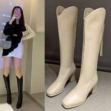 时装靴2023秋冬新款高跟长筒靴女韩版方头粗跟高筒纯色显瘦骑士靴