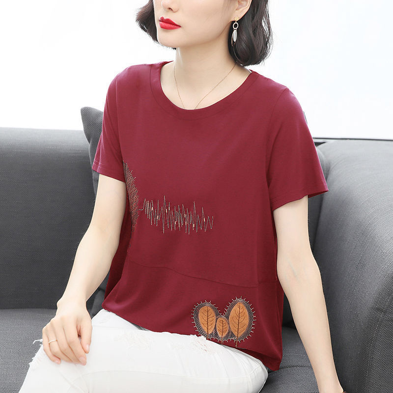 Cotton Middle-Aged Mother's Embroidered Short Sleeve Shirt Women's Large Size 2023 Summer New Trendy Korean Style Loose Women's Top