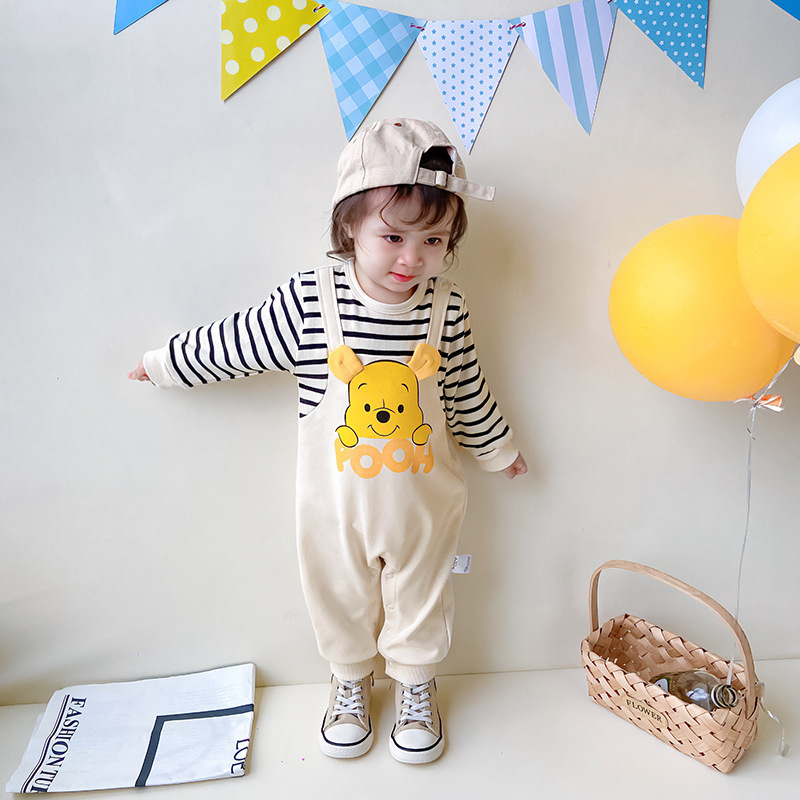 Disney Genuine Baby Jumpsuit Winnie the Pooh Striped Strap Fake Two-Piece Baby Clothes Newborn Clothing