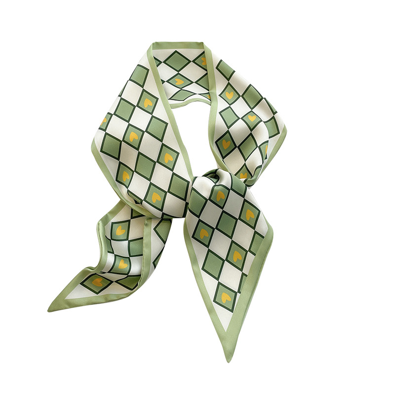 Japanese Style Simple Green Flower College Style Double-Layer Satin Small Scarf Neck Protection Long Silk Scarf Female Ribbon Arm Bag